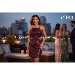 Cisa Burgundy Sequin Cutout Cocktail Dress With Spaghetti Straps & Fitted Silhou
